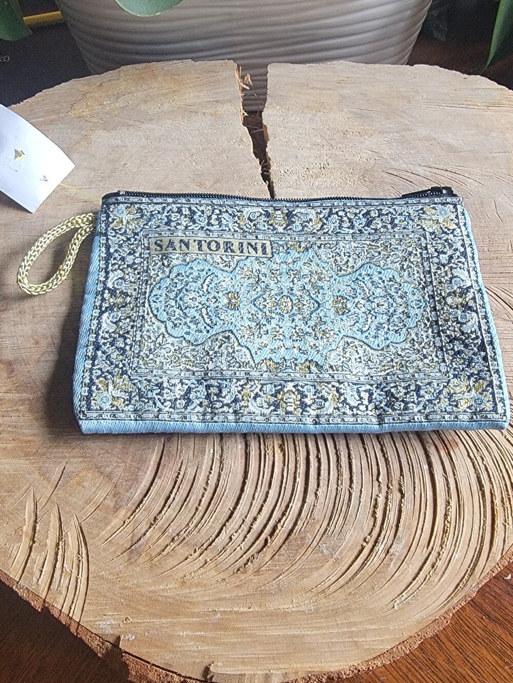 SANTORINI Light Blue Tapestry Wristlet Pouch Vintage